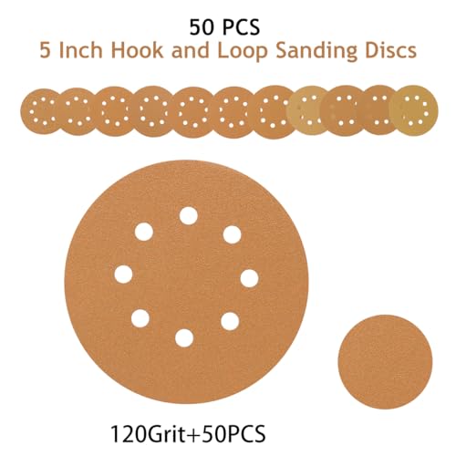 50 PCS 120 Grit 5 Inch 8 Hole Hook and Loop Sanding Discs