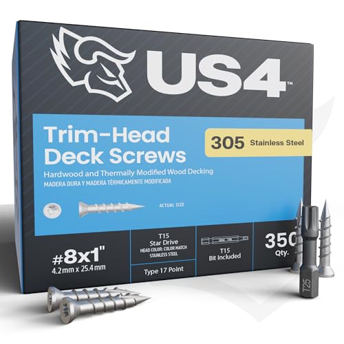 US4 - #8 x 1 - Trim Head T15 Star Drive Stainless Steel Wood Screws | 305 Stainless Steel | | Rust & Corrosion-Resistant | Outdoor Decking Screws (350, #8 x 1) - size: #8 x 1"