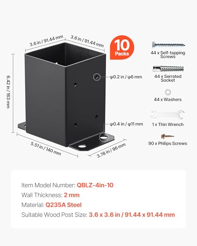 VEVOR 4x4 Post Bracket, 10PC Post Base Brackets, Inner Size 3.6"x3.6" Black - size: 4x4 10pc