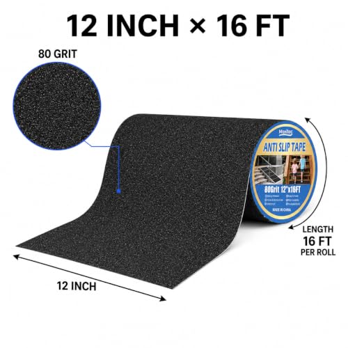 Black Anti Slip Tape, 12 in x 16 ft, 80 Grit Traction Tape - color: Black, size: 12" X 16FT