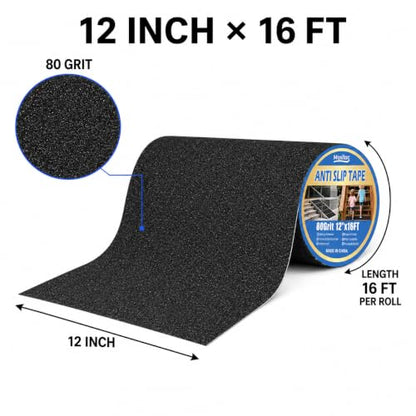 Black Anti Slip Tape, 12 in x 16 ft, 80 Grit Traction Tape - color: Black, size: 12" X 16FT