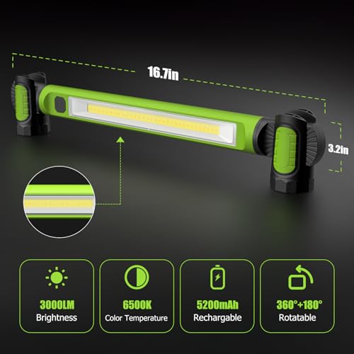 2 Pack Mechanic Work Light, 3000LM Rechargeable LED Bar, Portable, Magnetic, Hooks, SOS Flashlight - color: Green 2 pack
