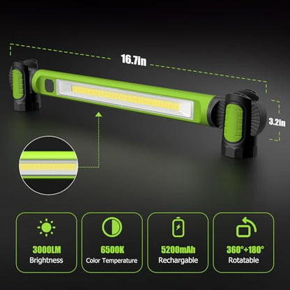 2 Pack Mechanic Work Light, 3000LM Rechargeable LED Bar, Portable, Magnetic, Hooks, SOS Flashlight - color: Green 2 pack