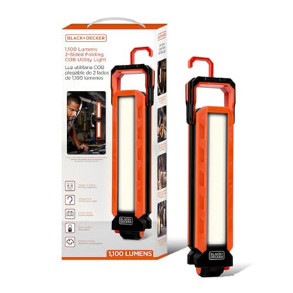 BLACK+DECKER Rechargeable Hanging LED Light, 1100 Lumens Foldable Double-Sided LED Work Light, 5 Modes, Tripod, Hook & Magnetic Mount, Indoor/Outdoor IP54 Weather-Resistant COB Lighting, Adjustable