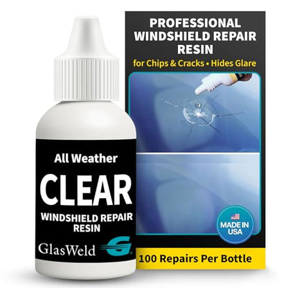 GlasWeld Windshield Repair Resin – Liquid Auto Windshield Chip Repair Kit for Glass Crack & Damage – Clear Tint for Reduced Visibility – All-Weather Liquid Resin with Zoom Injector & UV Curing Lights - color: Clear - All Weather