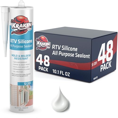 Kraken Bond RTV Silicone Sealant White (48 x 10.1 fl.oz.)%100 Waterproof Silicone Caulk Kitchen and Bathroom, All Purpose, Window Caulking Sealant Outdoor, RV, 48 Pack - size: 48 Pack