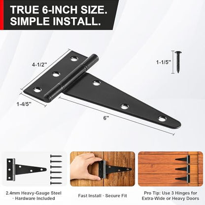 6 Inch Heavy Duty Door Hinges, 4 Pack Black T Strap Hinges, 2.4mm Thick Steel, 7.6 oz Each, Powder Coated, Screws Included, for Wood & Metal Doors, Shed Door Hinges & Gate Hinges, Outdoor - size: 6IN-4PCS