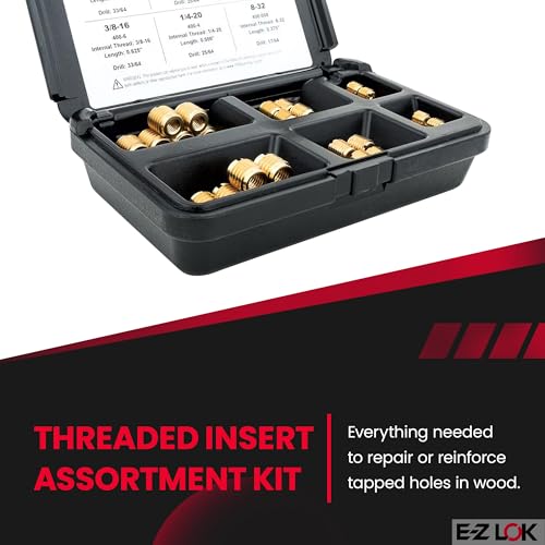 E-Z LOK Thread Insert Assortment Kit for Hard Wood, 6-32 to 0.375-16 - size: 6-32 to 3/8-16, style: Brass