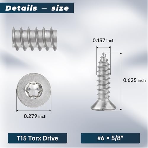 Glvaner 100-pack #6 x 5/8" Torx Flat Head Self Tapping Wood Screws, 304 Stainless Steel 18/8, Indoor/Outdoor Use, Includes Torx Bit - size: #6 x 5/8