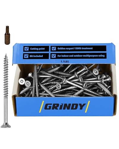 #8 x 1 5/8’’ Stainless Steel Wood Screws by Grindy (200pack/1.1LBS) – Self-Drilling Deck Screws I Rust Resistant I Quick Drive & Fast Grip I for Cabinet, Furniture & Other Projects I Bit Included - color: Stainless Steel, size: #8 x 1-5/8"