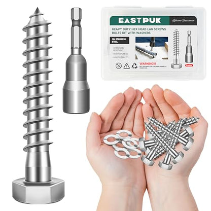 (10Sets) 3/8 Bolt, 3/8" x 2" Hex Head Lag Screws, Heavy Duty Lag Bolts with Washers, 304 Stainless Steel 18-8, 3/8 Bolt for Wood, Partial Thread - size: 3/8" x 2"