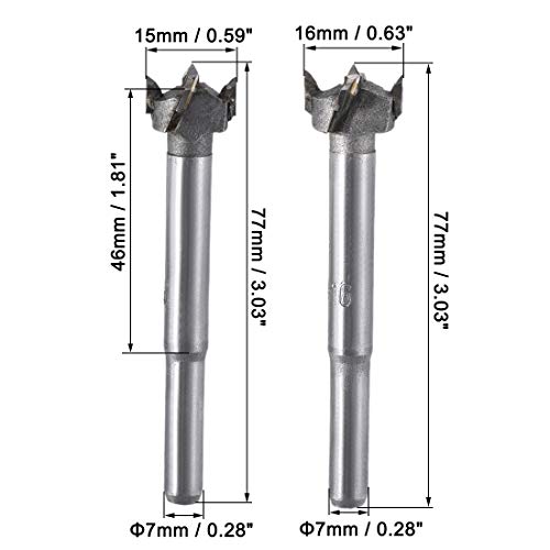 uxcell Forstner Wood Boring Drill Bits 15mm 16mm Dia. Hole Saw Carbide Alloy Steel Tip Round Shank Cutting for Hinge Plywood Wood Tool 2in1 Set - size: 15mm, 16mm