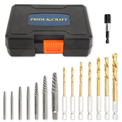 PRIDE&CRAFT 15Pcs Screw Extractor Set, Easy Out Bolt Extractor and HSS Steel Cobalt Left Hand Drill Bit Kit, Stripped Screw Extractor with 1/4'' Adapter for Broken Bolts, Screws and Studs - style: 15-piece
