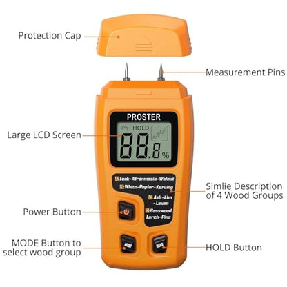 Proster Wood Moisture Meter 4 Modes 0-99.9% for Wood/Paper/Firewood
