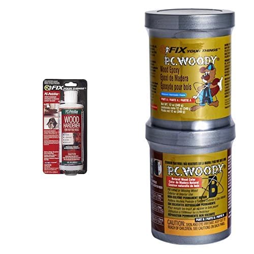 PC Products Wood Repair Bundle, PC-Petrifier Water-Based Wood Hardener, 8 oz, Milky White and PC-Woody Wood Repair Epoxy Paste, Two-Part 12 oz, Tan