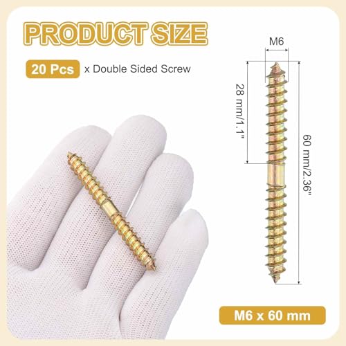 MECCANIXITY 20 Pcs Double Ended Screws, M6 x 60 mm Carbon Steel Hanger Bolts, Self-Tapping Wood Dowel Screws for Wood Joint Furniture, Color Zinc - size: M6 x 60 mm