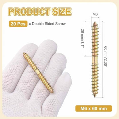 MECCANIXITY 20 Pcs Double Ended Screws, M6 x 60 mm Carbon Steel Hanger Bolts, Self-Tapping Wood Dowel Screws for Wood Joint Furniture, Color Zinc - size: M6 x 60 mm