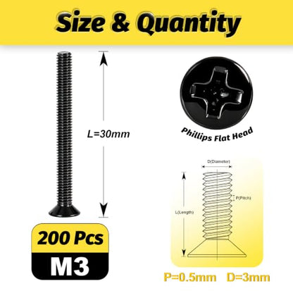 KADRICK M3 x 30mm Countersunk Screws, 200PCS, M3 Flat Head Screws - size: M3x30mm 200PCS