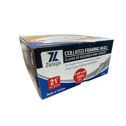 Zeluga 13-528 21 Degree 2-3/8" x.113" Round Head Ring Shank Plastic Strip Bright Collated Framing Nails, 5000/Box