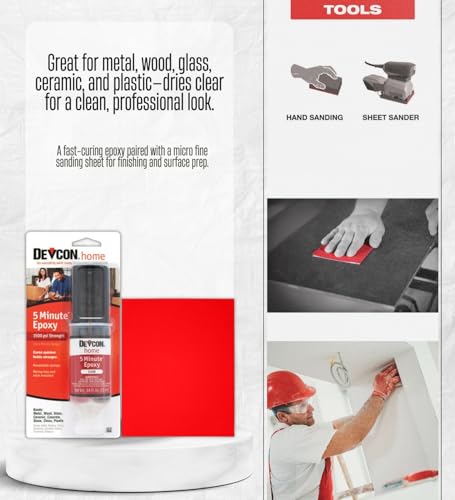 Devcon 5 Minute High Strength Clear Epoxy 0.84 oz Bundle with Micro Fine Sandpaper Sheet – Fast-Setting 2 Part Epoxy Adhesive for Bonding, Sealing, and Repairs – Gift Set (2 Items)