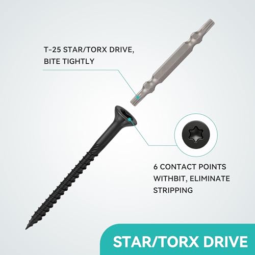 Wood Screws Black #10 × 3 inch Torx Star Drive Deck Screws Flat Head M5 × 75 Countersunk T25 Self Tapping Thread Cut 50pcs Carbon Steel Galvanized (50PCS/Small Box Black) - color: Black, size: #10×3