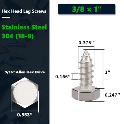 12-Sets 3/8 x 1 Hex Head Lag Screws & Flat Washers, Heavy Duty Lag Wood Screws, 304 Stainless Steel (18-8), 3/8" Bolt - size: 3/8 x 1