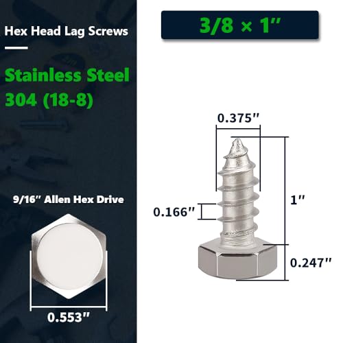 12-Sets 3/8 x 1 Hex Head Lag Screws & Flat Washers, Heavy Duty Lag Wood Screws, 304 Stainless Steel (18-8), 3/8" Bolt - size: 3/8 x 1