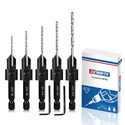 5-pc Countersink Drill Bit Set, 3in1 Woodworking Counterbore Hole Drill Bits for #6 8 10 12 16 Screws, Depth Adjustable M2 Pilot Drill Bits, 82-Degree Chamfer, 1/4” Hex Shank, 2 Allen Wrench - size: 5 Piece Countersink Bit Set (#6 #8 #10 #12 #16)