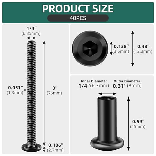 40Pcs 1/4-20 x 3 Flat Socket Head Cap Screws Bolts Barrel Nuts Kit, 304 Stainless Steel 18-8 Furniture Bolts Screws and Nuts, Black Oxided - size: 1/4 x 3"