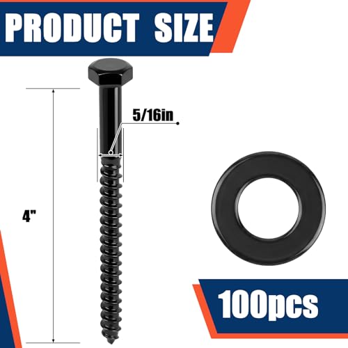 Tandefio 100 Pack 5/16''X 4'' Lag Bolts Screw with Washer Galvanized, Black - size: 5/16''x 4''