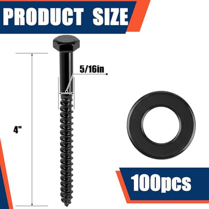 Tandefio 100 Pack 5/16''X 4'' Lag Bolts Screw with Washer Galvanized, Black - size: 5/16''x 4''