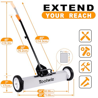 Toolwiz Magnetic Sweeper with Wheels 24" Wide, 33 Lb Capacity Quick Release - size: 24 inches