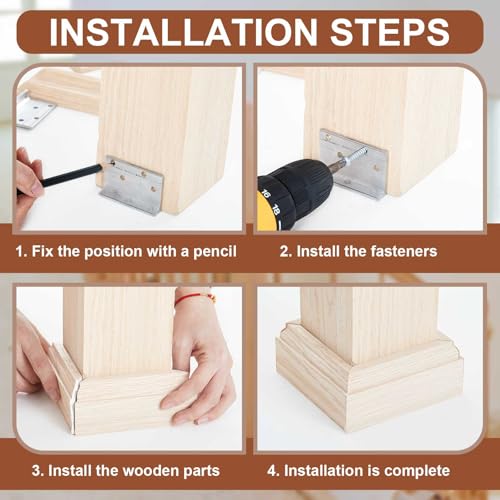 Blulu 2 Set 3" Newel Post Mounting Kit 8 Pcs L Bracket Post Fasteners with 8 Pcs Maple Wood Skirt Trim and Screws for Square Newels Fastening Handrails Railings Balustrades to Stairs and Floors - size: 3 Inch
