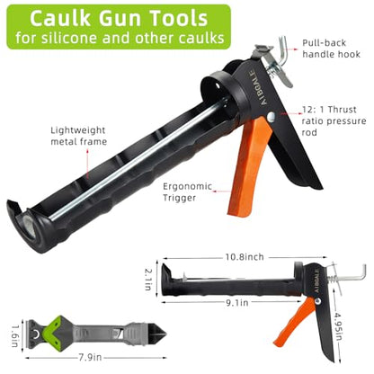 Caulking Tool Kit, Caulking Gun, 2 White/Clear Silicone Sealant with Gun - All-Purpose 100% Silicone Caulk (20 oz Tube), and 5 in 1 Scraper/Smoothing Tool, Sandpaper, Gloves and Masking Tape - color: 2 Clear+white Sealant