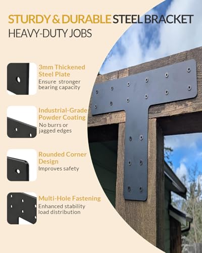 4 Pcs Heavy Duty T Plate Brackets, 12"x8" Black T Shape Mending Plate, 0.12" (3mm) Thick Steel Flat Bracket for 4x4 6x6 Wood Post to Beam, Truss Framing, Pergola & Furniture Repair - size: 4 Pack, style: Standard T-Plate