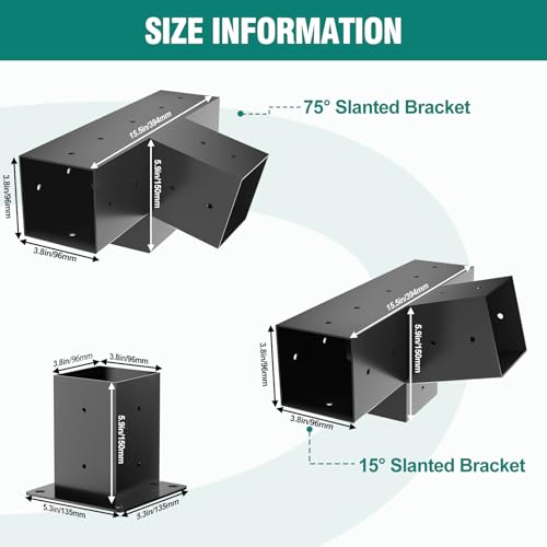 Slanted Pergola Brackets, 4PC Woodworks Pergola Kit 15° & 75° 4-Way Bracket with Post Base for 4x4'' (Actual: 3.5x3.5'') Wood Beams Elevated Wood Stand Kit - size: 1P 15° 4-Way + 1P 75° 4-Way Bracket + 2P Base