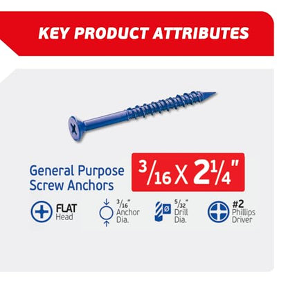 3/16 x 2-1/4" Countersunk Phillips Flat Head Blue Concrete Screw Anchors (100 pcs Screw Kit) with one Screwdriver and Drill Bit for Concrete, Masonry, Block, Brick and Wood Fastening - size: 3/16 x 2-1/4 in