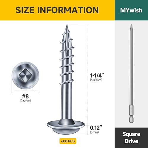 Mywish 600Pcs Pocket Hole Screws 1-1/4 Inch, Wood Screws #8 x 1-1/4" Washer Head Square Drive Self Tapping Pocket Screws, Zinc Plated, with 150MM Pocket Hole Drill Bit - color: Zinc-Plated, size: #8 x 1-1/4"