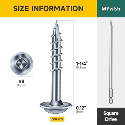 Mywish 600Pcs Pocket Hole Screws 1-1/4 Inch, Wood Screws #8 x 1-1/4" Washer Head Square Drive Self Tapping Pocket Screws, Zinc Plated, with 150MM Pocket Hole Drill Bit - color: Zinc-Plated, size: #8 x 1-1/4"