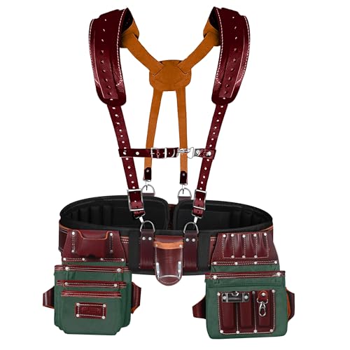 Fueri Electrician Tool Belt and Suspender Combo, Back Support Padded Belt - color: Green & Maroon Tool Belt With Suspender, size: Large ( 36''- 42'' )