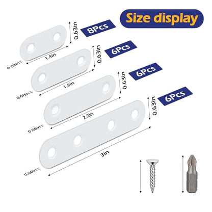 26 PCS White Stainless Steel Straight Bracket Flat Brace, 1.4 in / 1.8 in / 2.2 in / 3.0 in Wood Brackets Mending Repair Plate Brace for Bed Frame, Furniture & Shelves, with 64 White Screws and 1 Bit