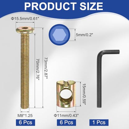 PATIKIL Bunk Bed Bolts and Nuts Kit M8x70mm Furniture Bolts Hex Drive 6Set - size: M8x70mm
