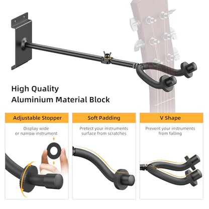 LEKATO Guitar Wall Mount Hagers for Multiple Guitars, 5 Adjustable Hangers Guitar Wall Rack, Fixed Clips, Aluminum Acoustic & Electric Guitars Rack, Bass Holder for Banjo, Mandolin