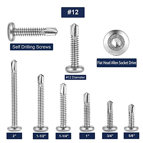 12 x 1" Stainless Steel Flat Head Socket Cap Screws, 100Pcs, Allen Socket Drive, Self Tapping - size: #12 x 1"