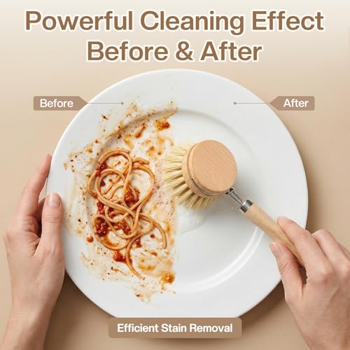 5 Pcs Bamboo Dish Brush Set Includes 1 Wooden Handle with 3 Natural Replaceable Bristle Heads and 1 Handheld Bamboo Wok Brush Scrubber for Dishes Pans Pots Fruit and Veggie Washing(Style B)