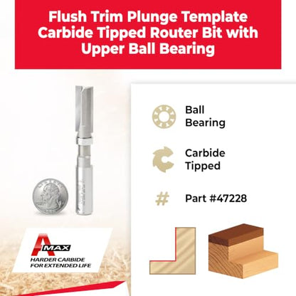 Amana Tool - 47228 Carbide Tipped Flush Trim Plunge Template 1/2 Dia x 1-1/4 x 1/2" Sh - size: 1/2 Dia x 1-1/4 x 1/2" Sh