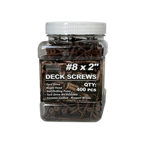 #8 × 2″ Brown Ruspert®-Coated Deck Screws – Bugle Head, Torx Drive with Bit, Self-Drilling – 400 pcs Jar – for ACQ Treated Wood, Deck Framing, Trim & Exterior Projects - size: #8 x 2" (400pcs Jar)