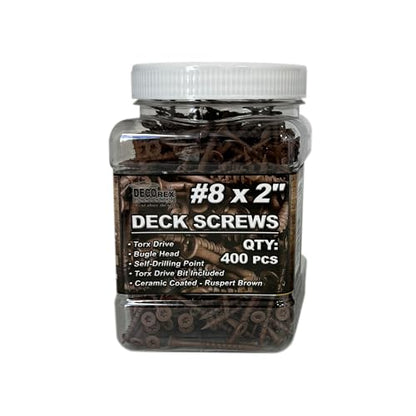 #8 × 2″ Brown Ruspert®-Coated Deck Screws – Bugle Head, Torx Drive with Bit, Self-Drilling – 400 pcs Jar – for ACQ Treated Wood, Deck Framing, Trim & Exterior Projects - size: #8 x 2" (400pcs Jar)