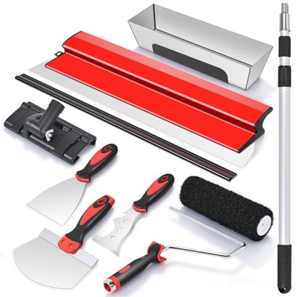 suokoun Drywall Skimming Tool Set, 24 Inch Drywall Skimming Blade, Mud Pan, 9 Inch Compound Roller, Extension Handle and Three Mud Knife for Plasterboard Skim Coating and WallBoard - size: 24+14+9+7+4+3inch