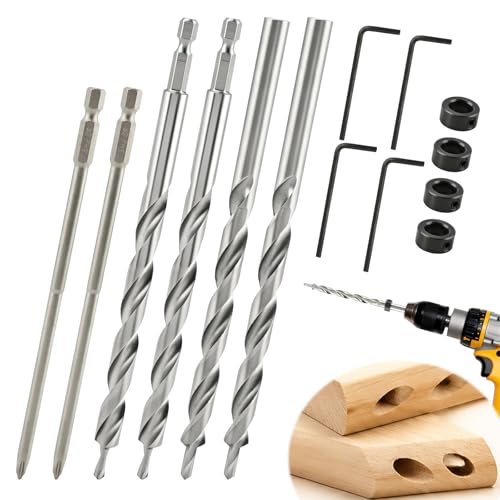 4 Pcs 3/8" Pocket Hole Drill Bit with Depth Stop Collars & SQ2 Screwdriver Bit Set, 1/4" Hex Shank & Round Shank Replacement Drills for Manual Pocket Hole Guide Jig Master System